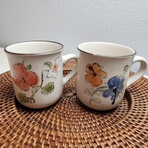 Sunnycraft Stoneware Mugs, Watercolor Flowers in‎ Periwinkle, White, & Coral